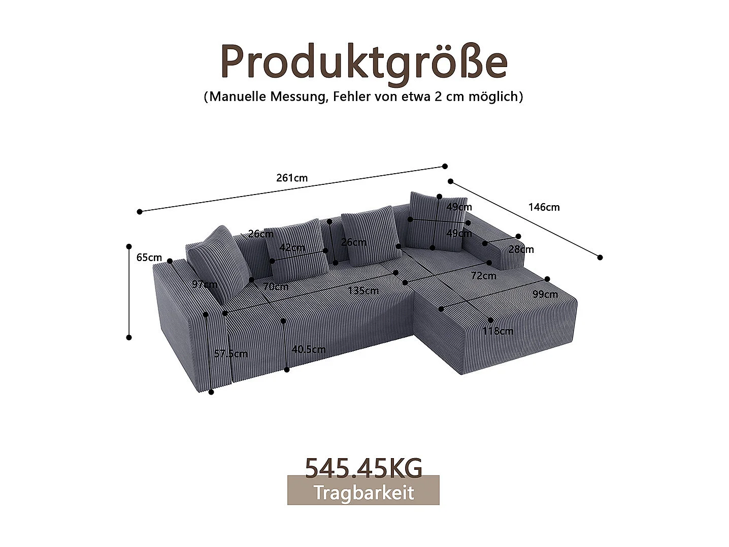Hoekbankcombinatie Cloud met L-vormige ligstoelen, moderne modulaire bank met diepe zittingen, grijze gestoffeerde bank