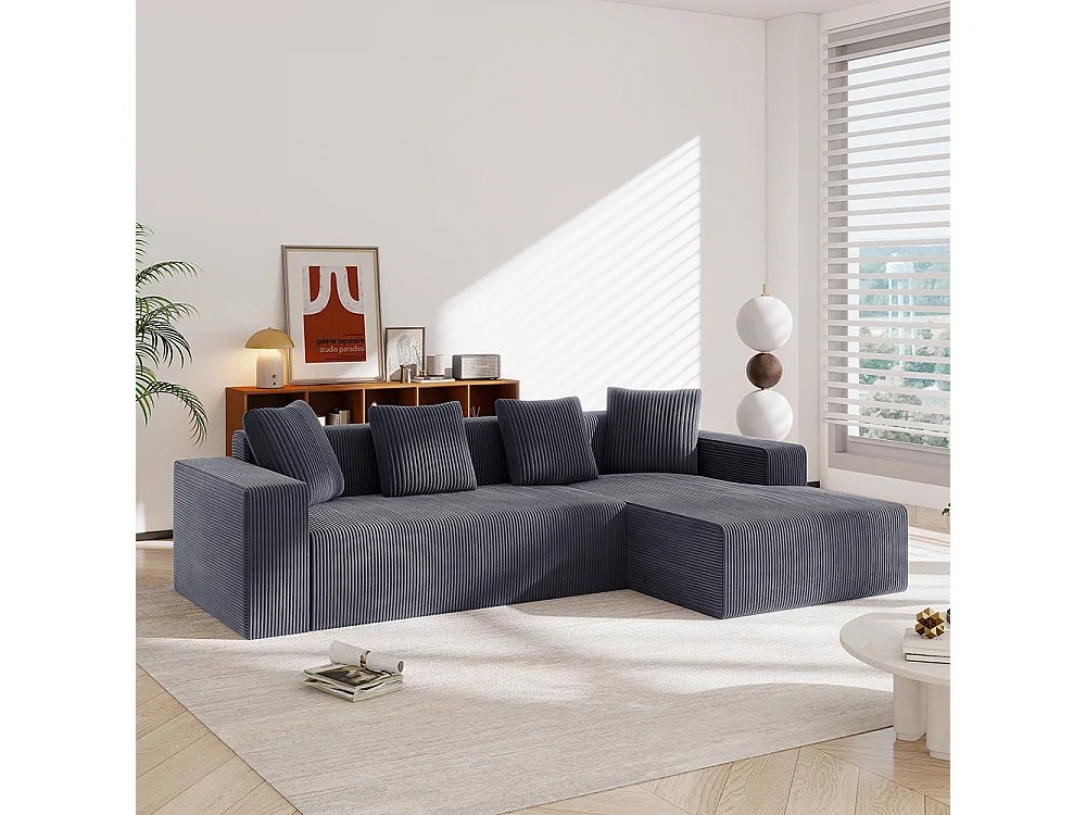 Hoekbankcombinatie Cloud met L-vormige ligstoelen, moderne modulaire bank met diepe zittingen, grijze gestoffeerde bank