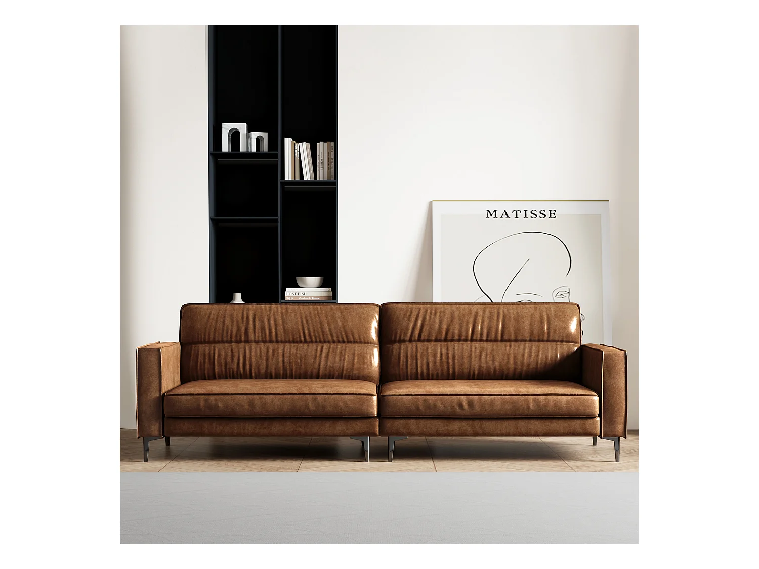 Canapé vintage 3 places en cuir huilé, pieds métal, marron – 220 cm – canapé droit salon