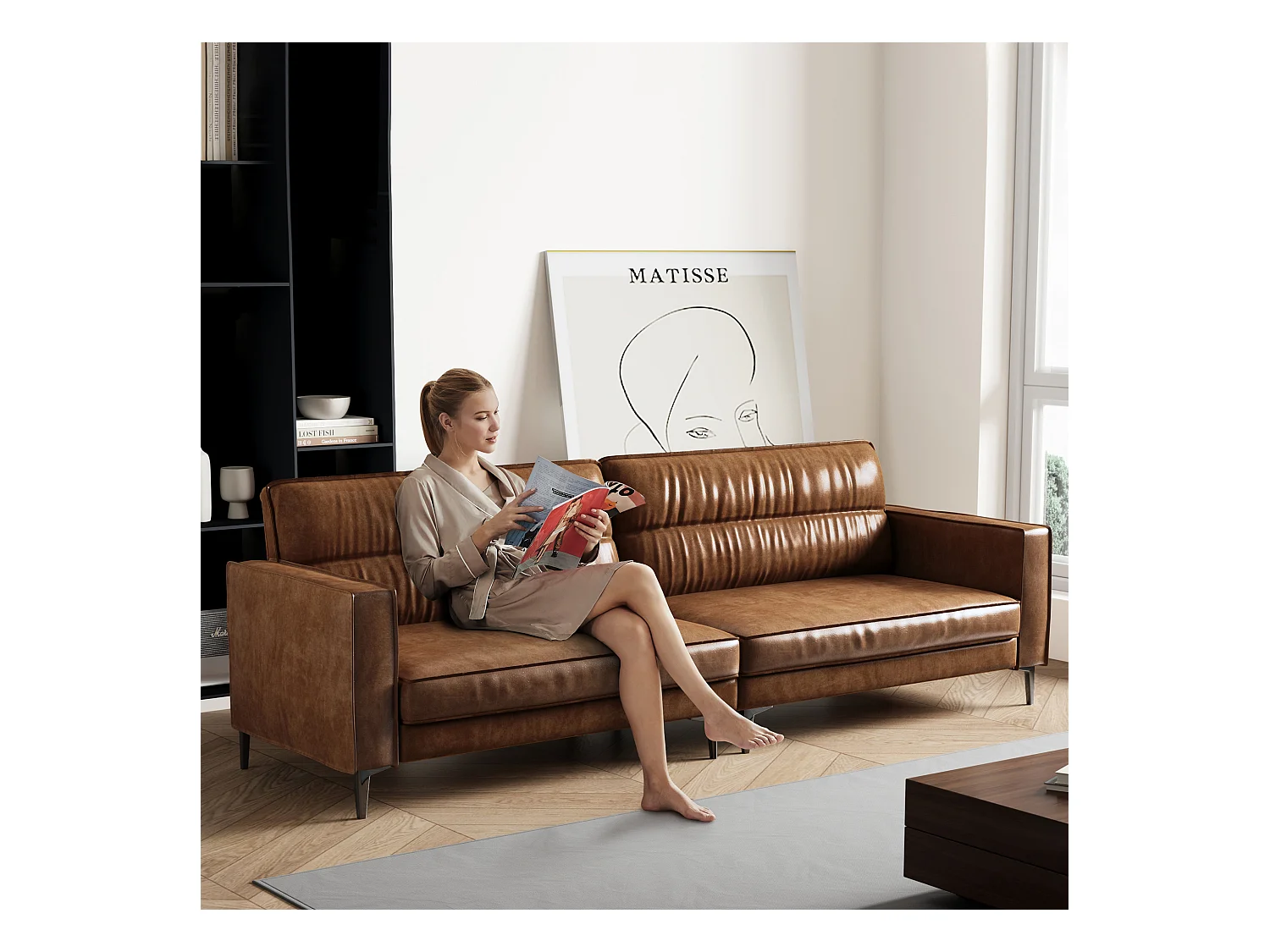 Canapé vintage 3 places en cuir huilé, pieds métal, marron – 220 cm – canapé droit salon