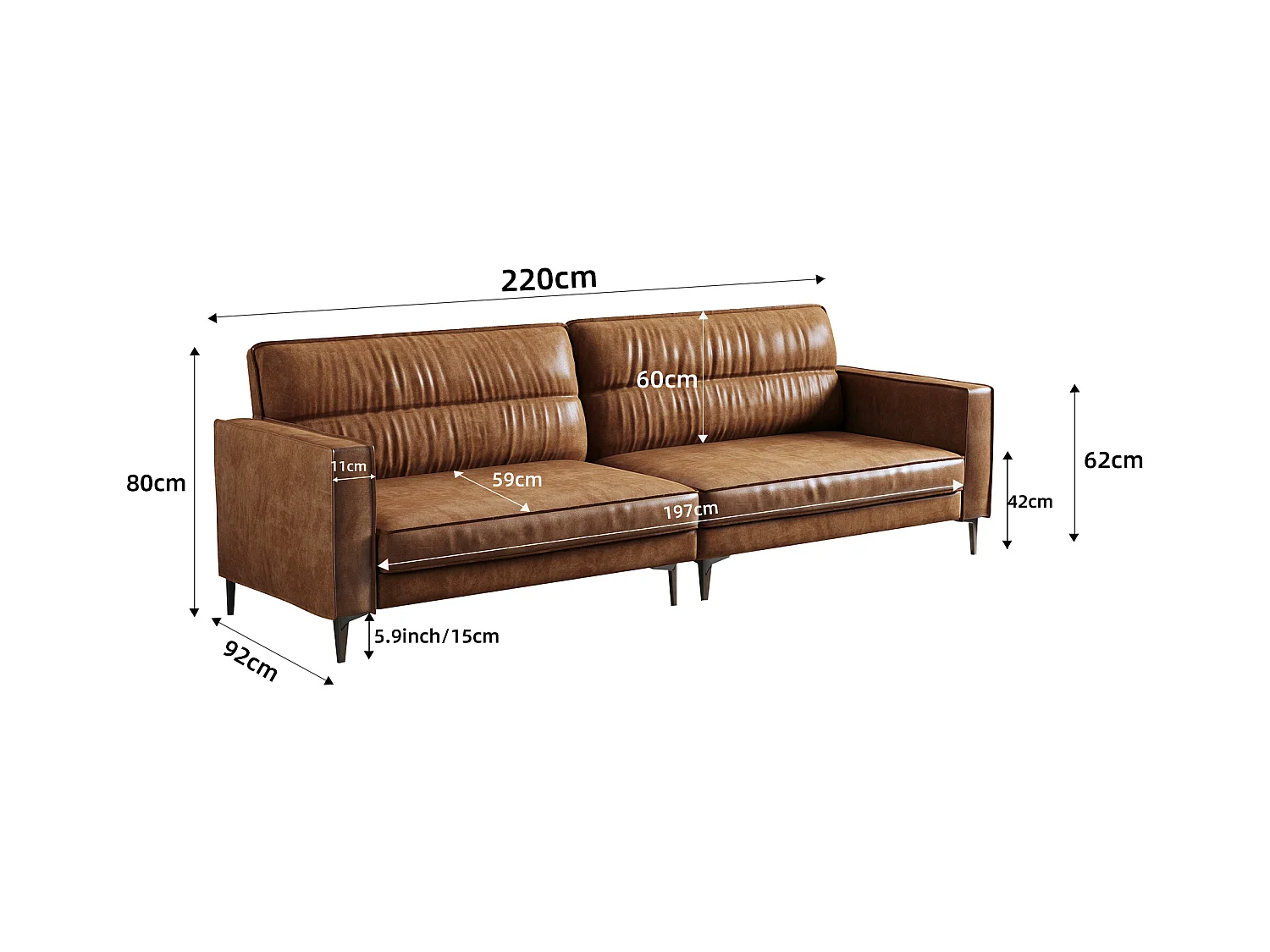 Canapé vintage 3 places en cuir huilé, pieds métal, marron – 220 cm – canapé droit salon