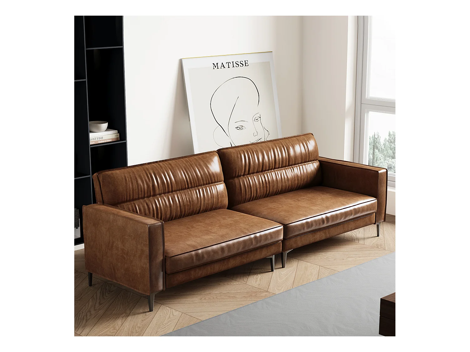 Canapé vintage 3 places en cuir huilé, pieds métal, marron – 220 cm – canapé droit salon