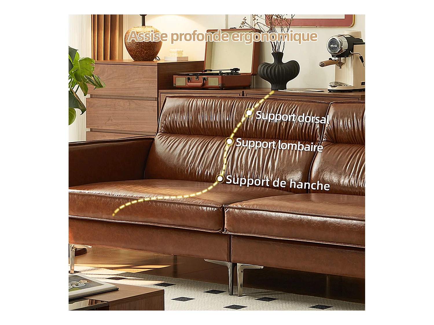 Canapé vintage 3 places en cuir huilé, pieds métal, marron – 220 cm – canapé droit salon