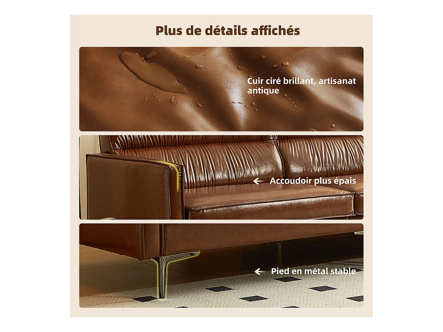 Canapé vintage 3 places en cuir huilé, pieds métal, marron – 220 cm – canapé droit salon