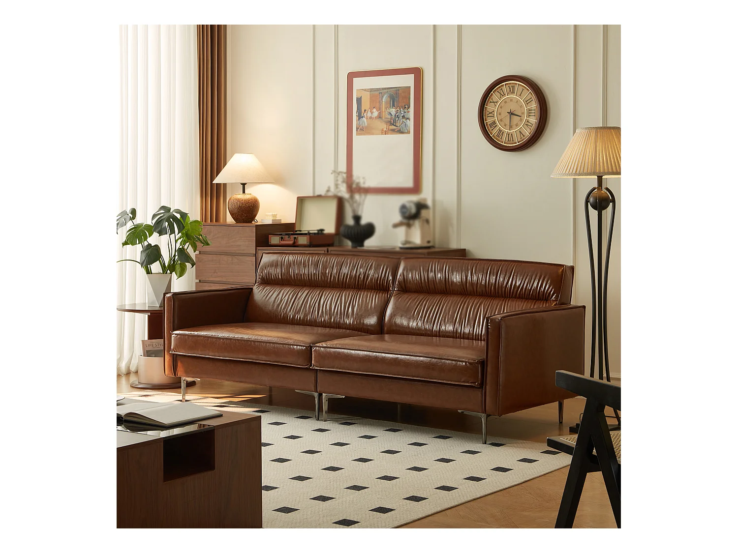 Canapé vintage 3 places en cuir huilé, pieds métal, marron – 220 cm – canapé droit salon