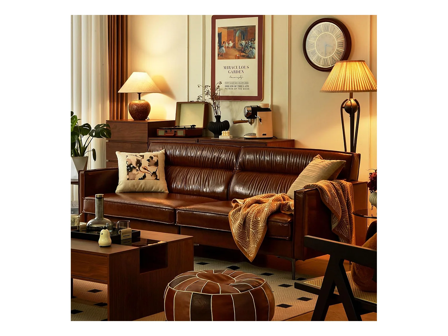 Canapé vintage 3 places en cuir huilé, pieds métal, marron – 220 cm – canapé droit salon