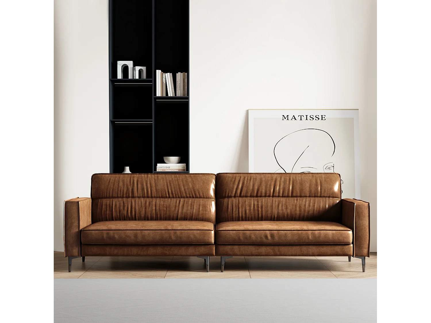 Sofá vintage de 3 plazas en cuero engrasado, patas de metal, color marrón – 220 cm – sofá rinconero para salón