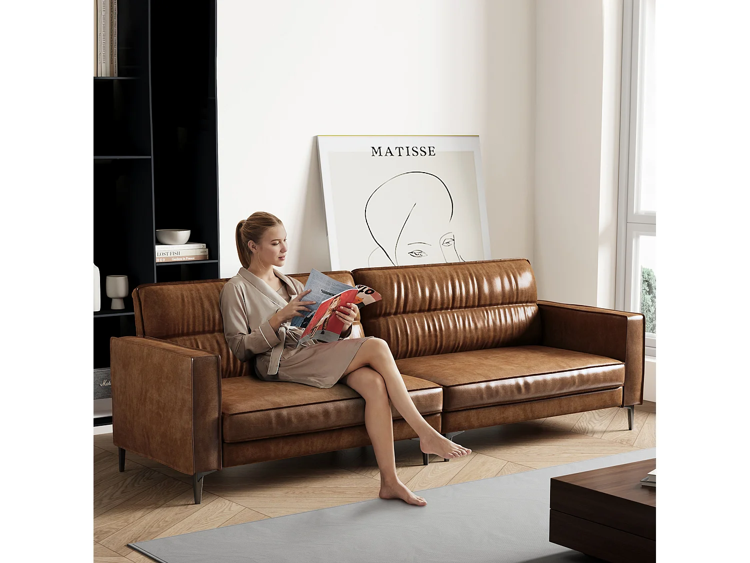 Sofá vintage de 3 plazas en cuero engrasado, patas de metal, color marrón – 220 cm – sofá rinconero para salón