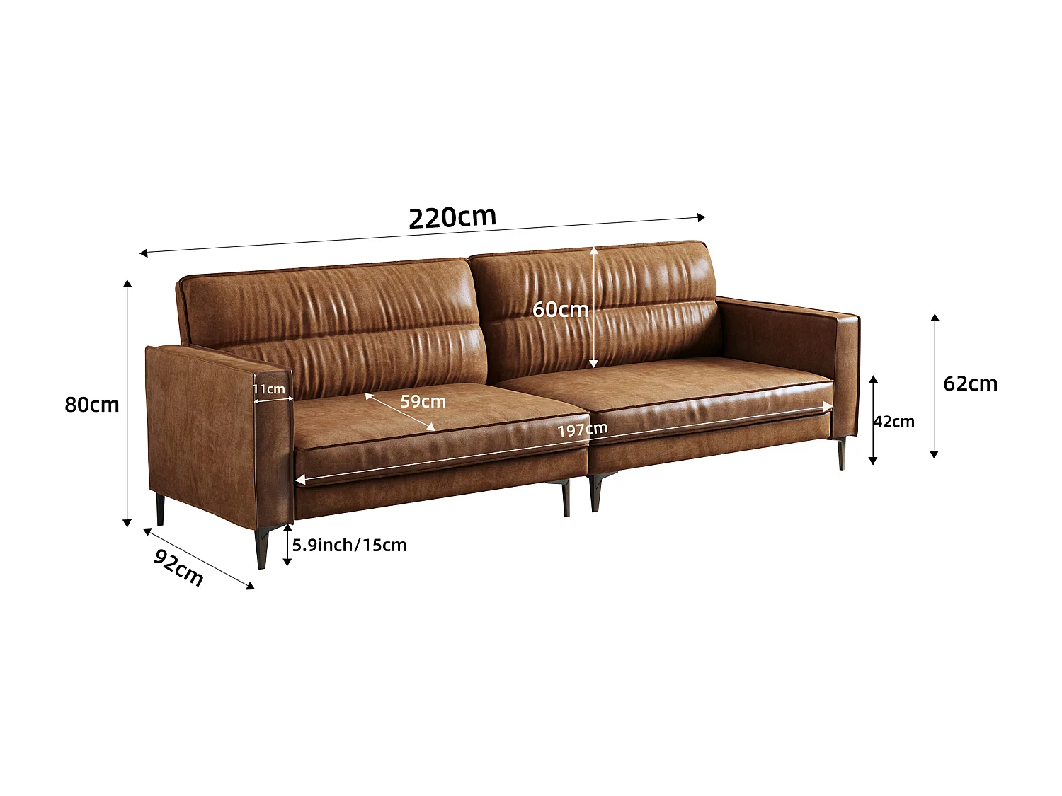 Sofá vintage de 3 plazas en cuero engrasado, patas de metal, color marrón – 220 cm – sofá rinconero para salón
