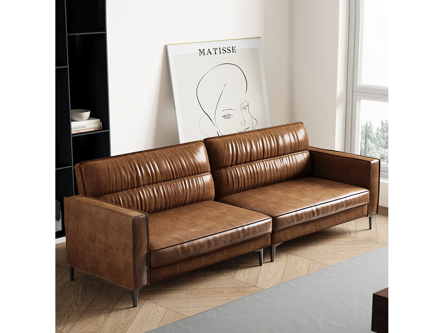 Sofá vintage de 3 plazas en cuero engrasado, patas de metal, color marrón – 220 cm – sofá rinconero para salón