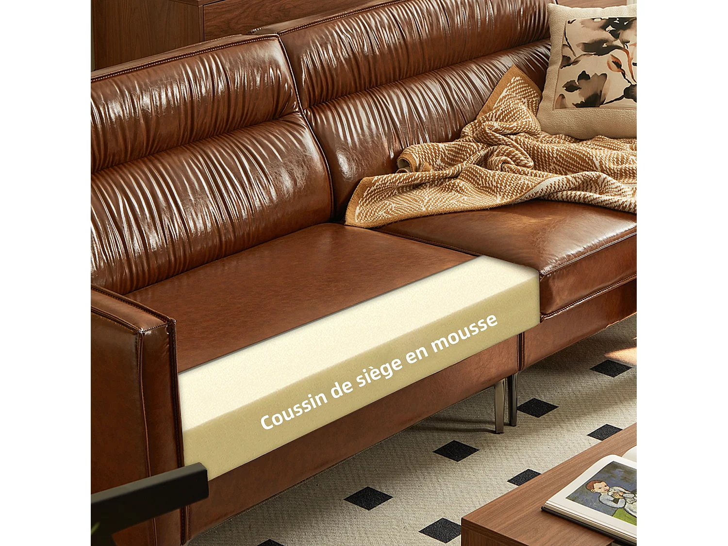 Sofá vintage de 3 plazas en cuero engrasado, patas de metal, color marrón – 220 cm – sofá rinconero para salón