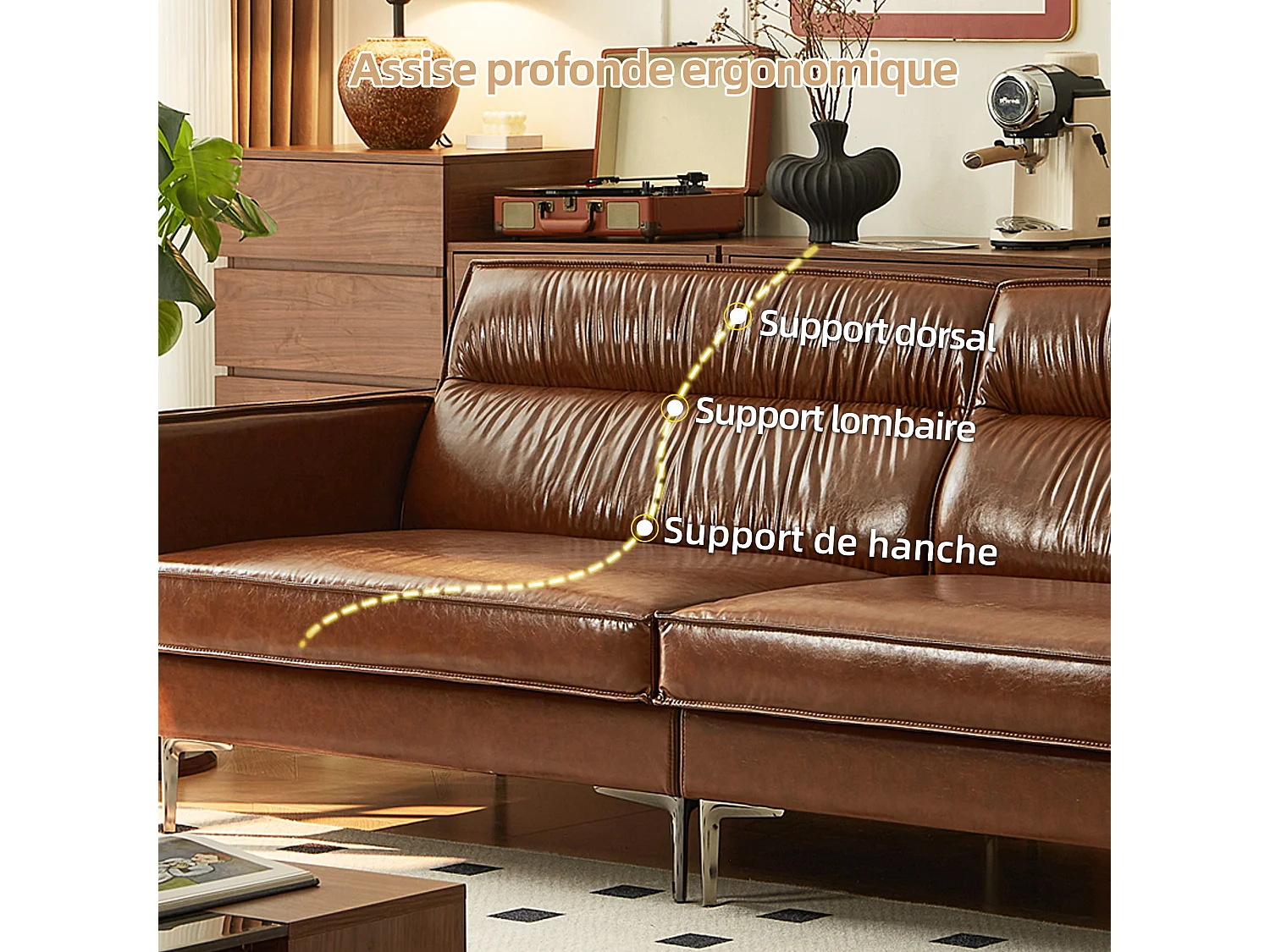 Sofá vintage de 3 plazas en cuero engrasado, patas de metal, color marrón – 220 cm – sofá rinconero para salón