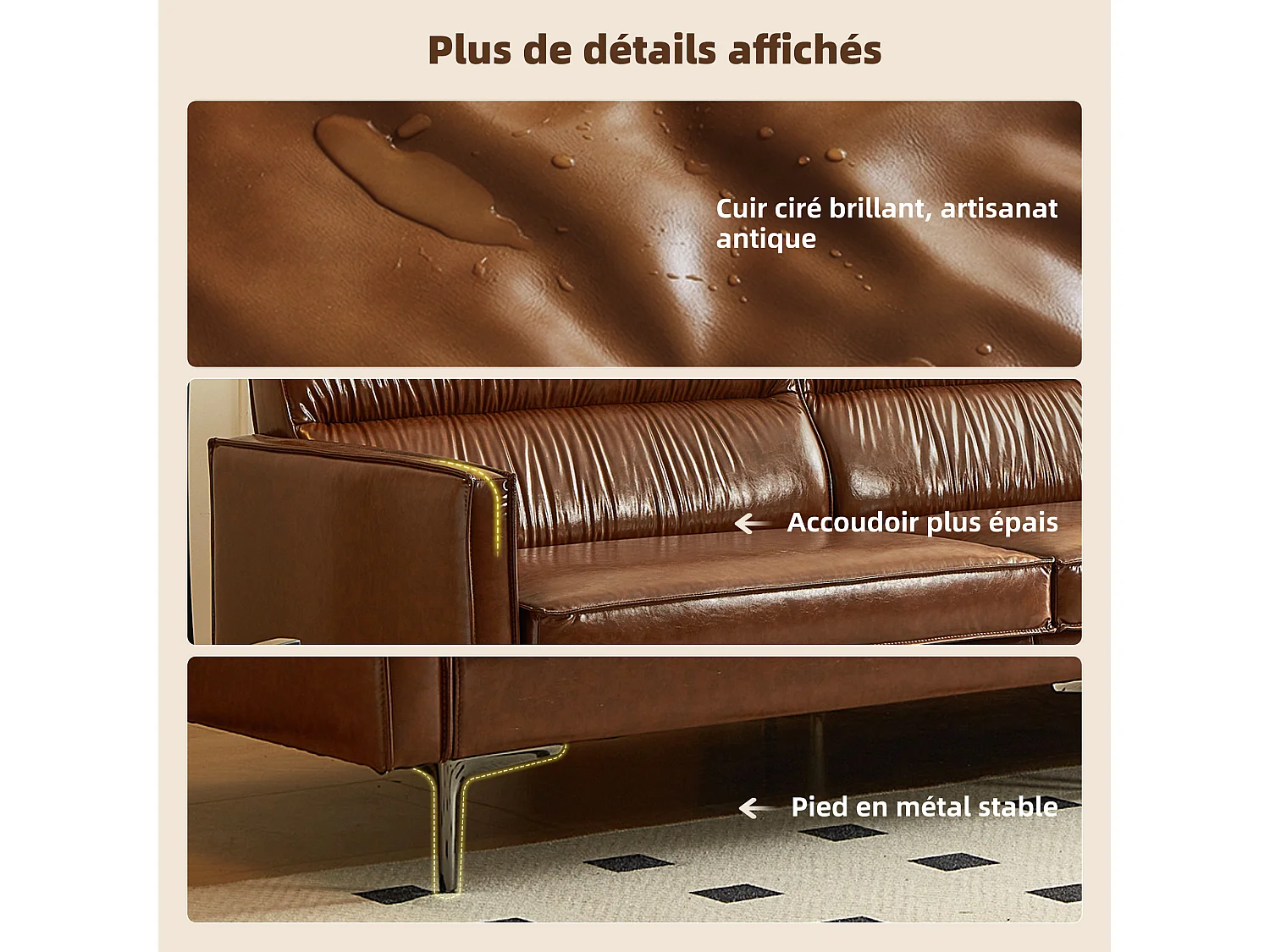 Sofá vintage de 3 plazas en cuero engrasado, patas de metal, color marrón – 220 cm – sofá rinconero para salón