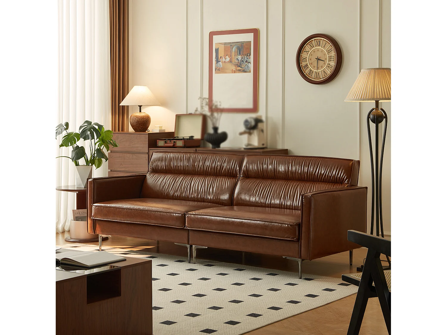 Sofá vintage de 3 plazas en cuero engrasado, patas de metal, color marrón – 220 cm – sofá rinconero para salón