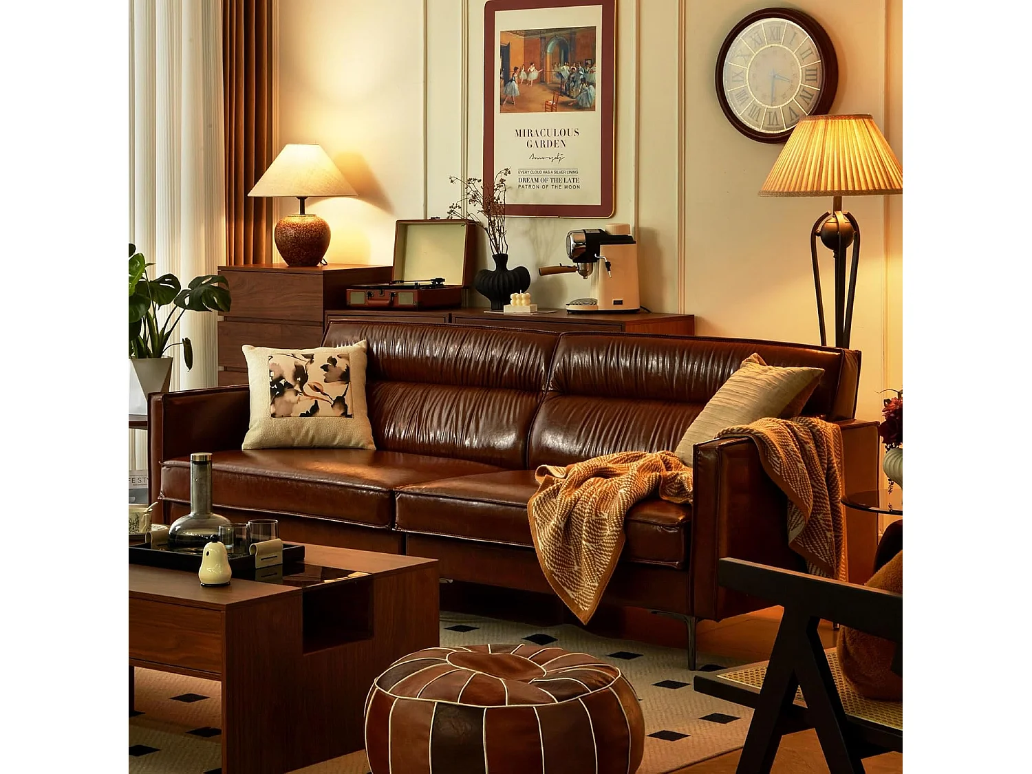 Sofá vintage de 3 plazas en cuero engrasado, patas de metal, color marrón – 220 cm – sofá rinconero para salón