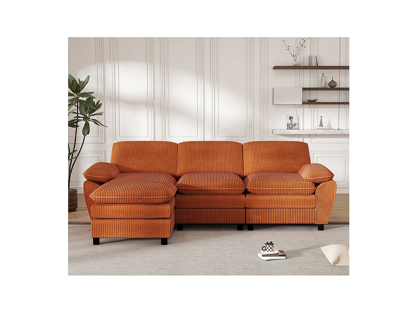 Canape d'angle combiné modulaire orange canapé à double coussin canapé combiné en velours avec lampe et pouf ottoman amovible