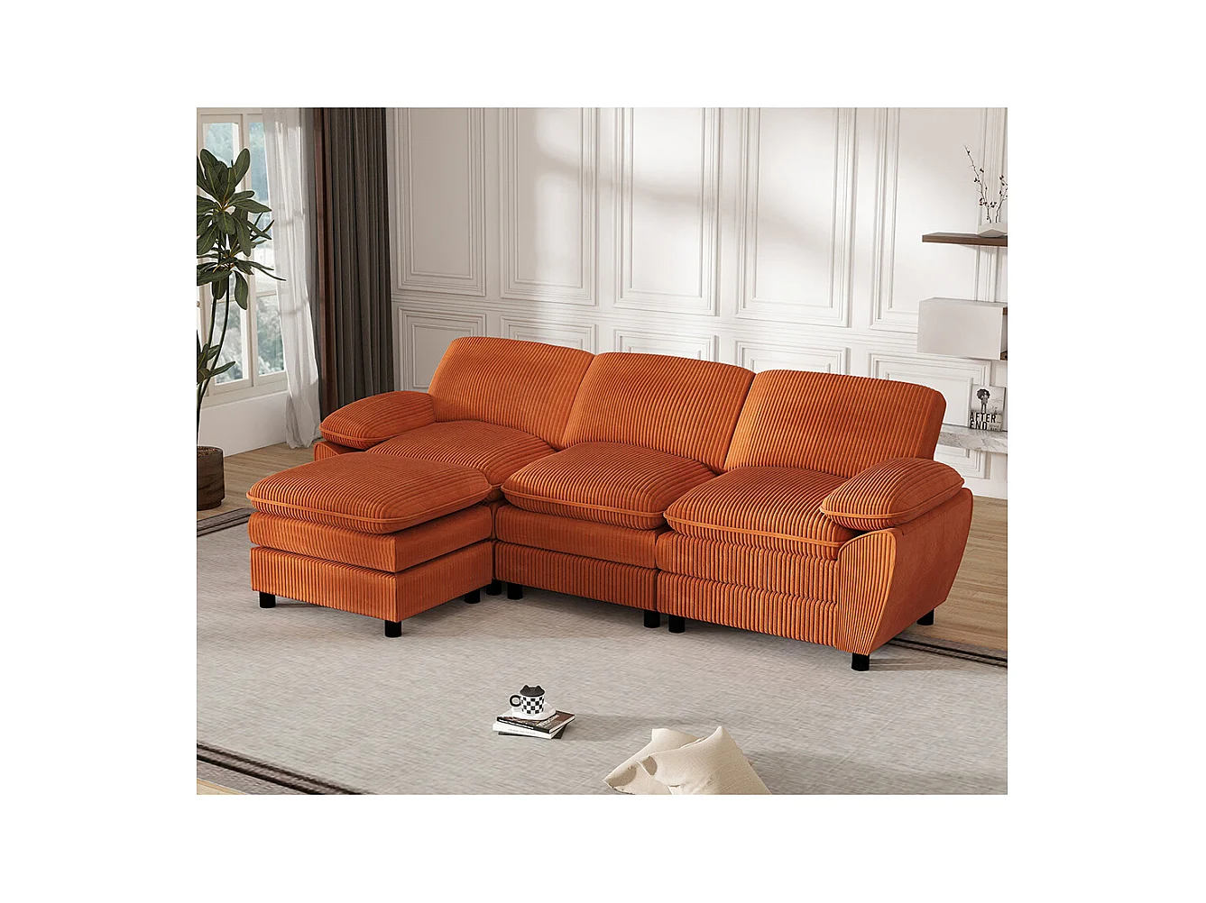 Canape d'angle combiné modulaire orange canapé à double coussin canapé combiné en velours avec lampe et pouf ottoman amovible