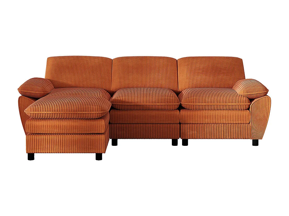 Modulaire hoekbank in oranje met dubbele kussens, gecombineerde bank in fluweel met lamp en verwijderbare poef