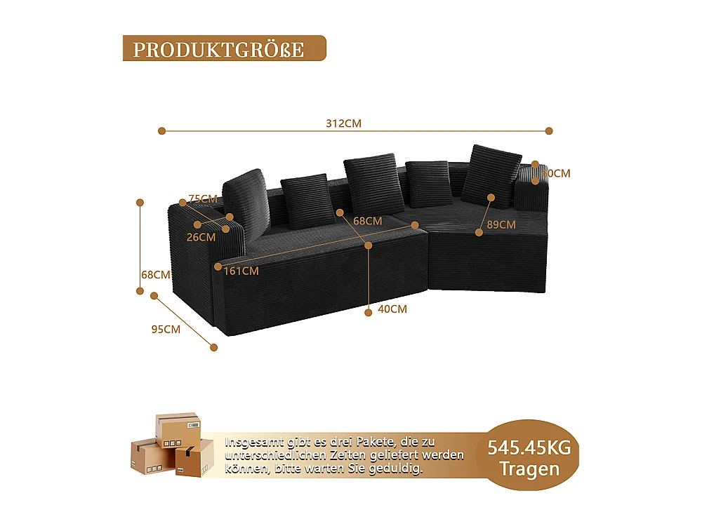 Canapé 3 places en tissu avec nuages Canapé combiné canapé modulaire emballage entièrement compressé sans montage noir