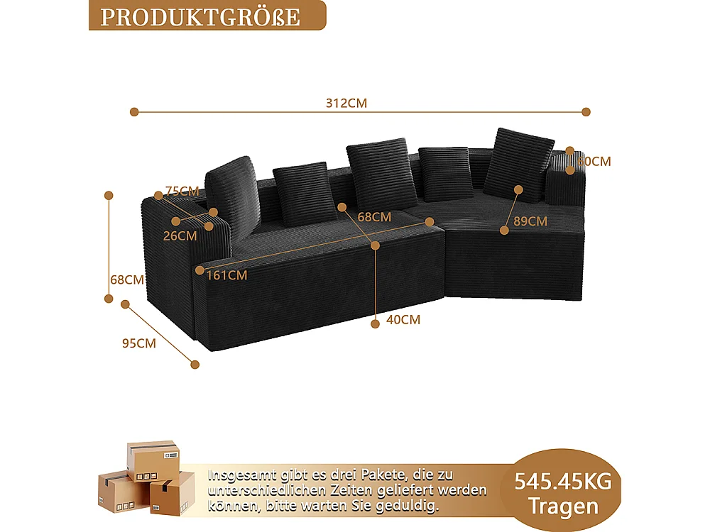 Canapé 3 places en tissu avec nuages Canapé combiné canapé modulaire emballage entièrement compressé sans montage noir