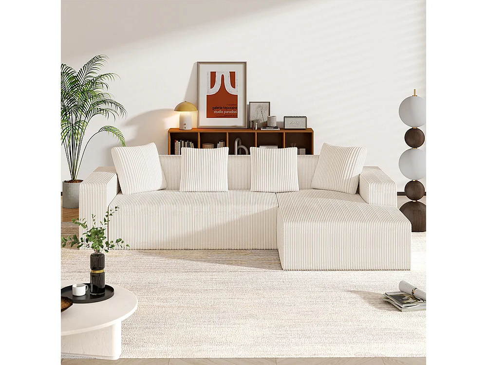 Hoekbankcombinatie Cloud met L-vormige ligstoelen, moderne modulaire bank met diepe zittingen, witte gestoffeerde bank