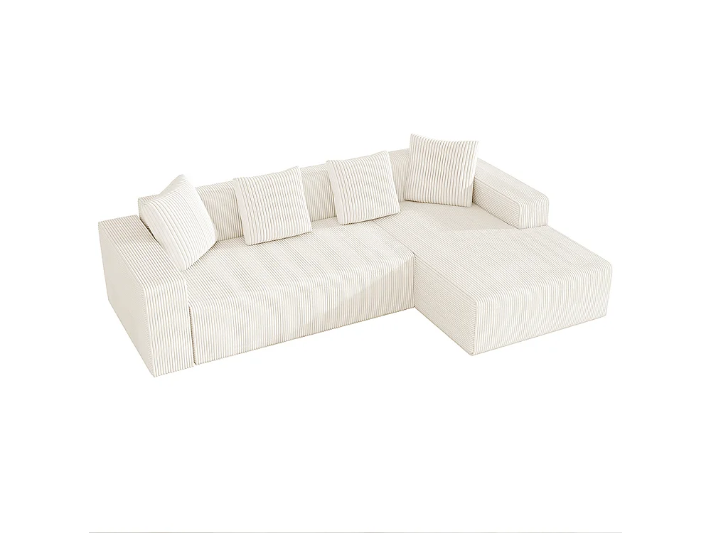 Hoekbankcombinatie Cloud met L-vormige ligstoelen, moderne modulaire bank met diepe zittingen, witte gestoffeerde bank