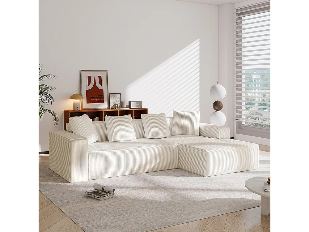 Hoekbankcombinatie Cloud met L-vormige ligstoelen, moderne modulaire bank met diepe zittingen, witte gestoffeerde bank