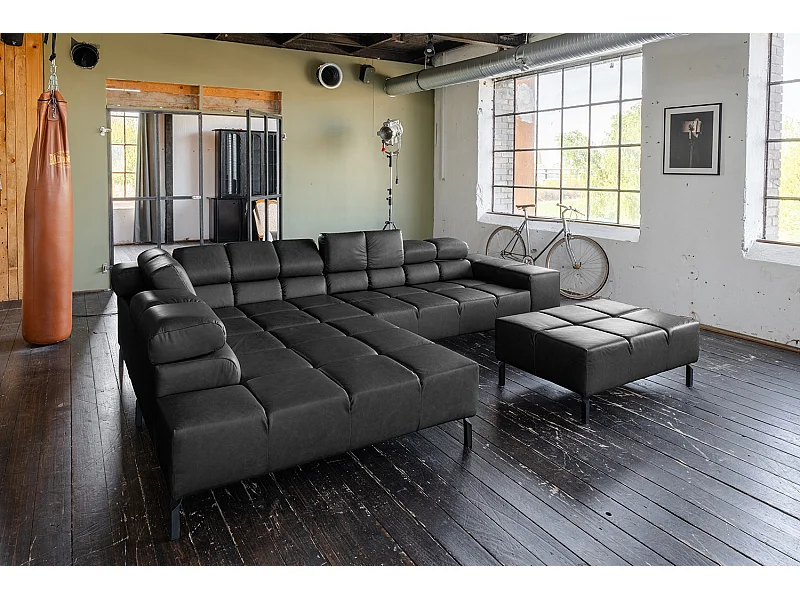 Canapé d'angle - Noir cuir - NELSON