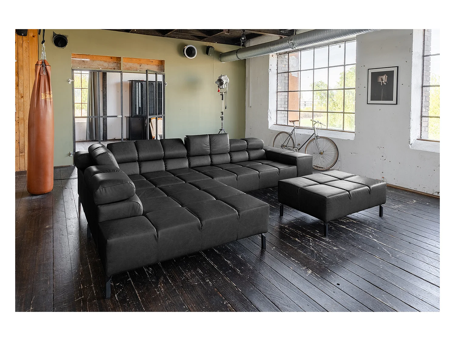 Canapé d'angle - Noir cuir - NELSON