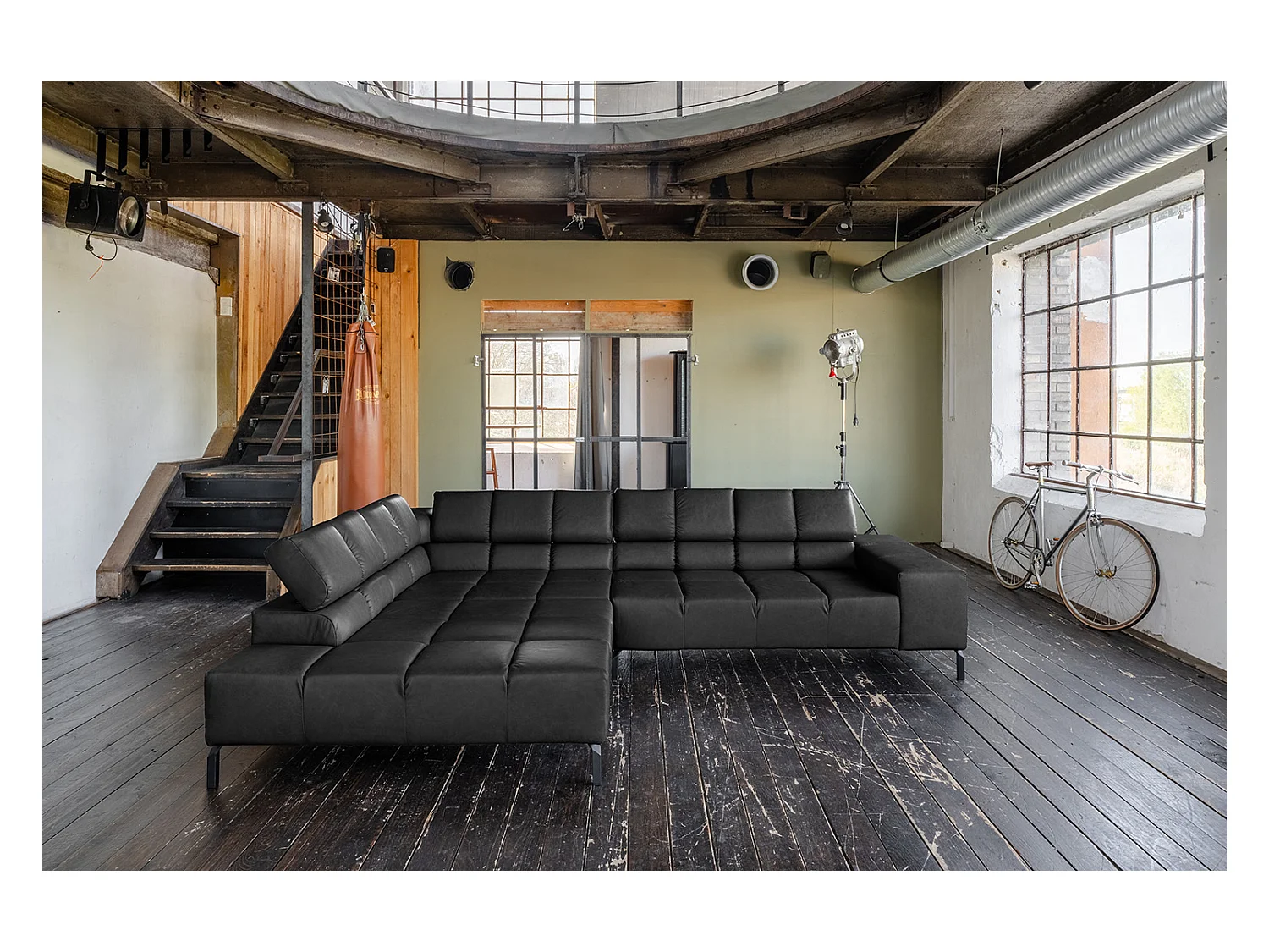 Ecksofa - Schwarz Leder - NELSON