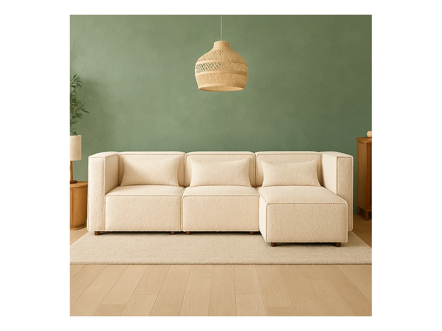 Canapé modulable 3 places bouclette beige avec pouf MODULAR