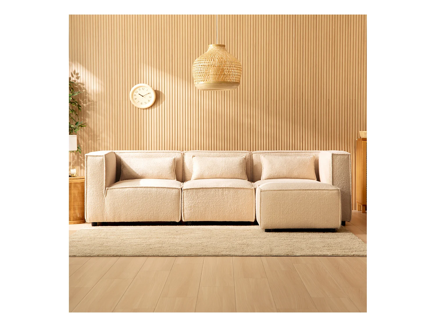 Canapé modulable 3 places bouclette beige avec pouf MODULAR