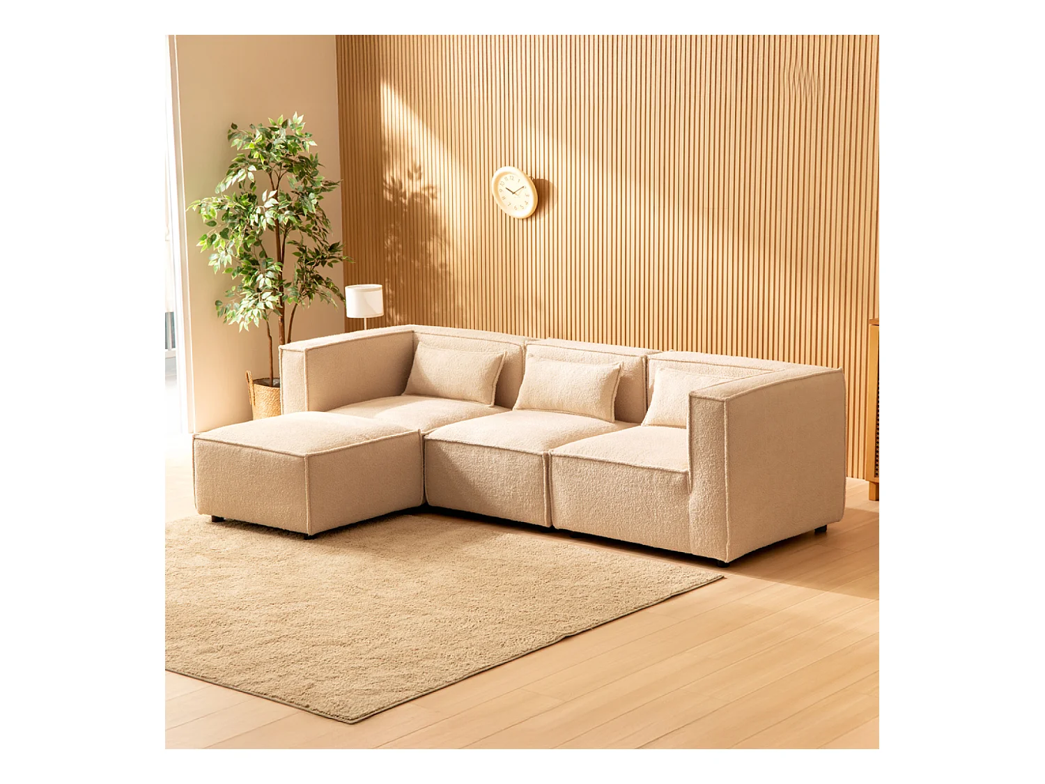 Canapé modulable 3 places bouclette beige avec pouf MODULAR