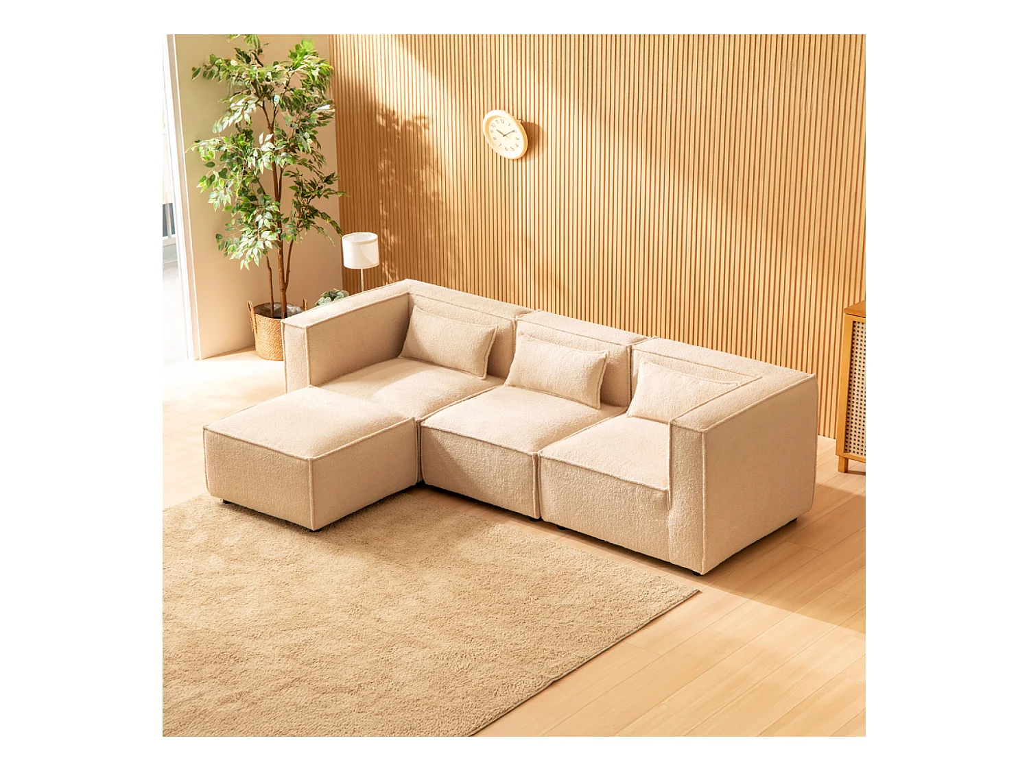 Canapé modulable 3 places bouclette beige avec pouf MODULAR