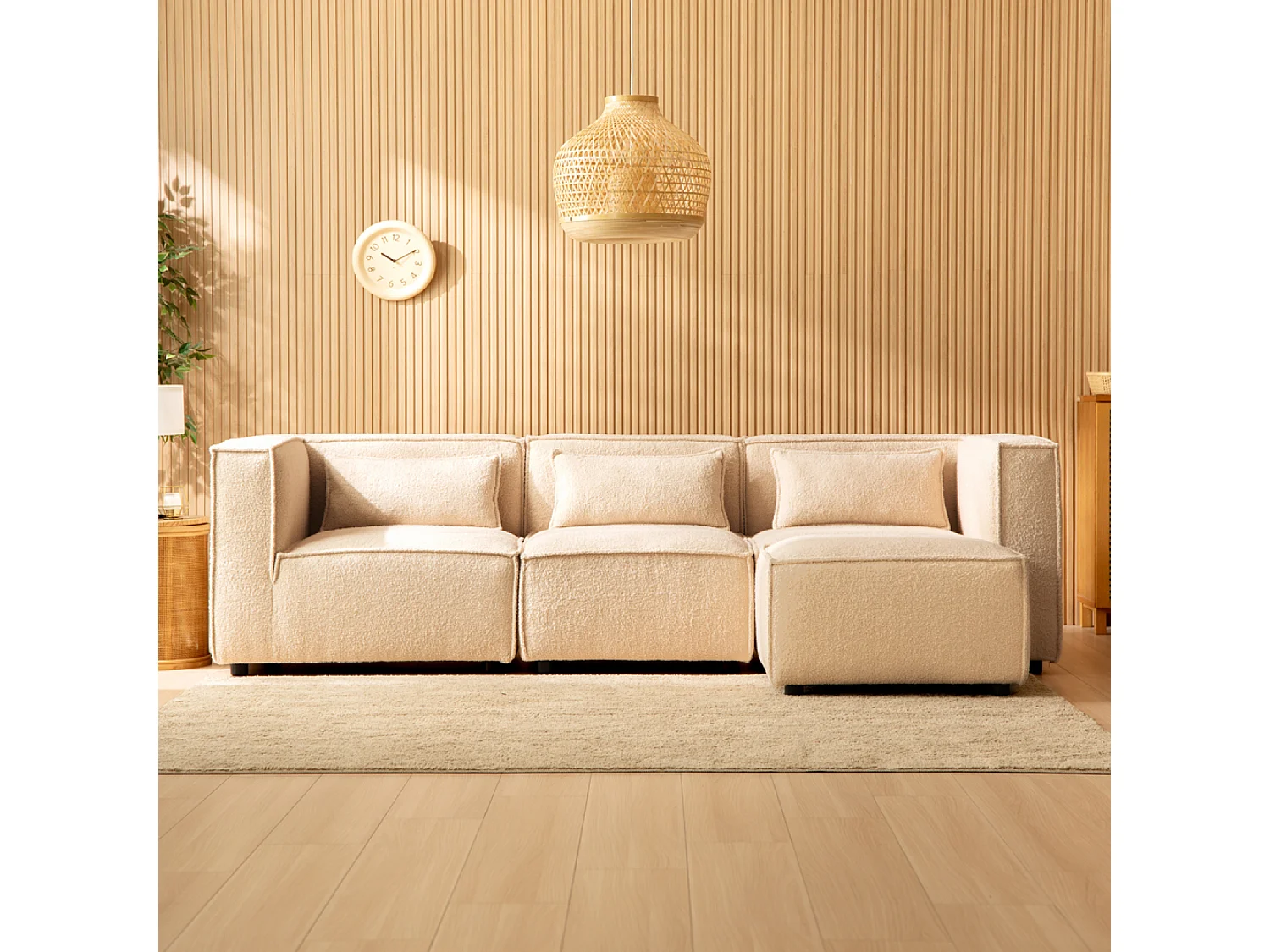 Canapé modulable 3 places bouclette beige avec pouf MODULAR