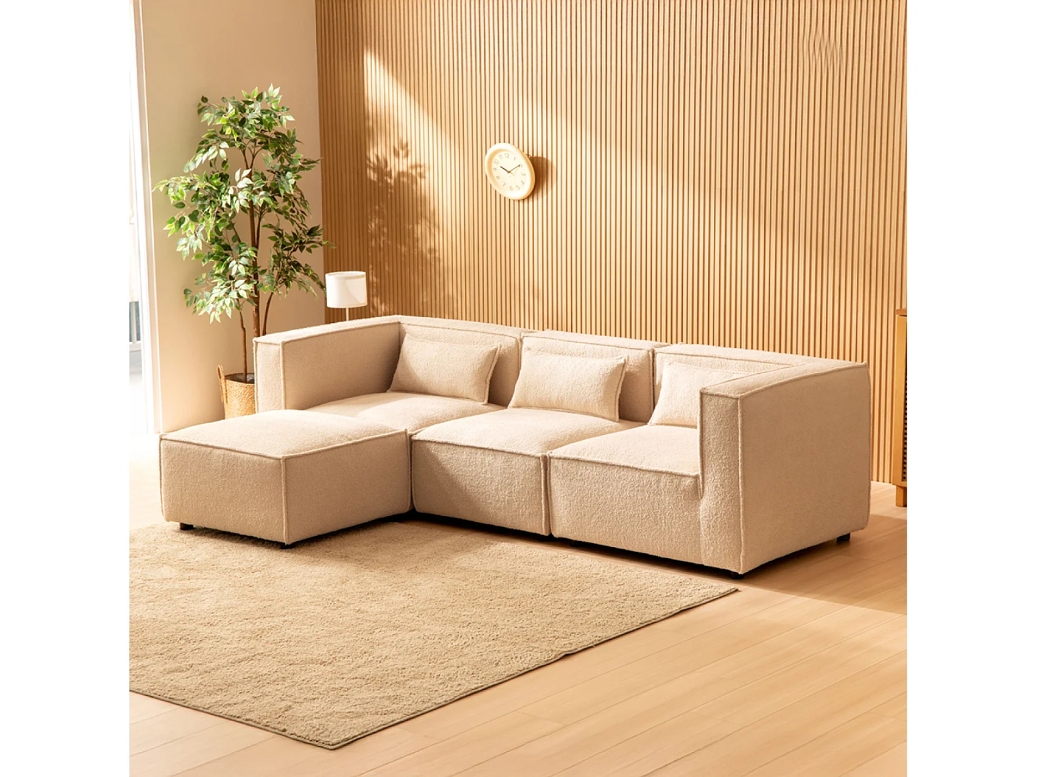 Canapé modulable 3 places bouclette beige avec pouf MODULAR