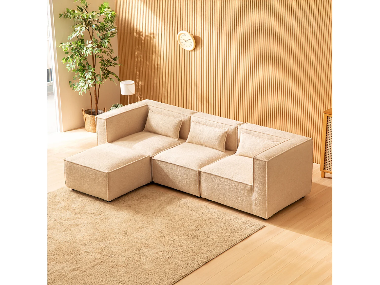 Canapé modulable 3 places bouclette beige avec pouf MODULAR