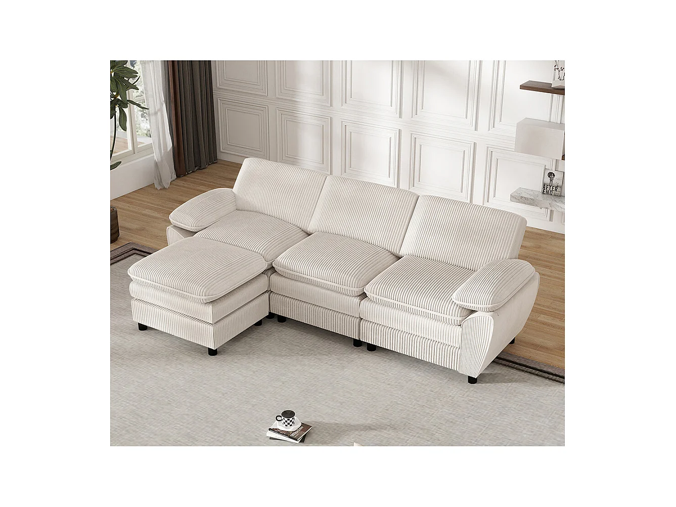 Canape d'angle combiné modulaire blanc canapé à double coussin canapé combiné en velours avec lampe et pouf ottoman amovible