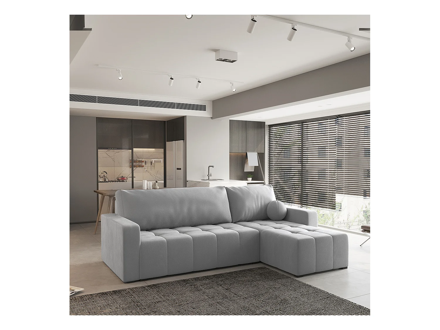 Canapé d'angle VOLIRA Gris clair en peluche avec fonction de couchage