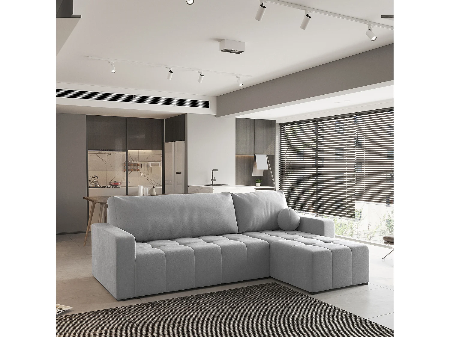 Canapé d'angle VOLIRA Gris clair en peluche avec fonction de couchage