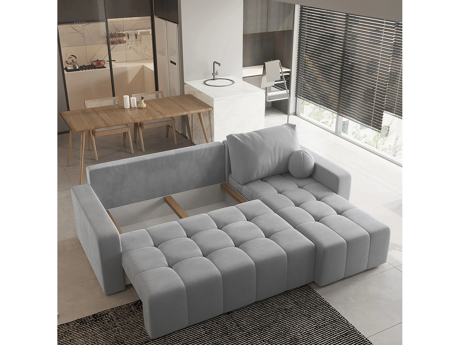 Canapé d'angle VOLIRA Gris clair en peluche avec fonction de couchage