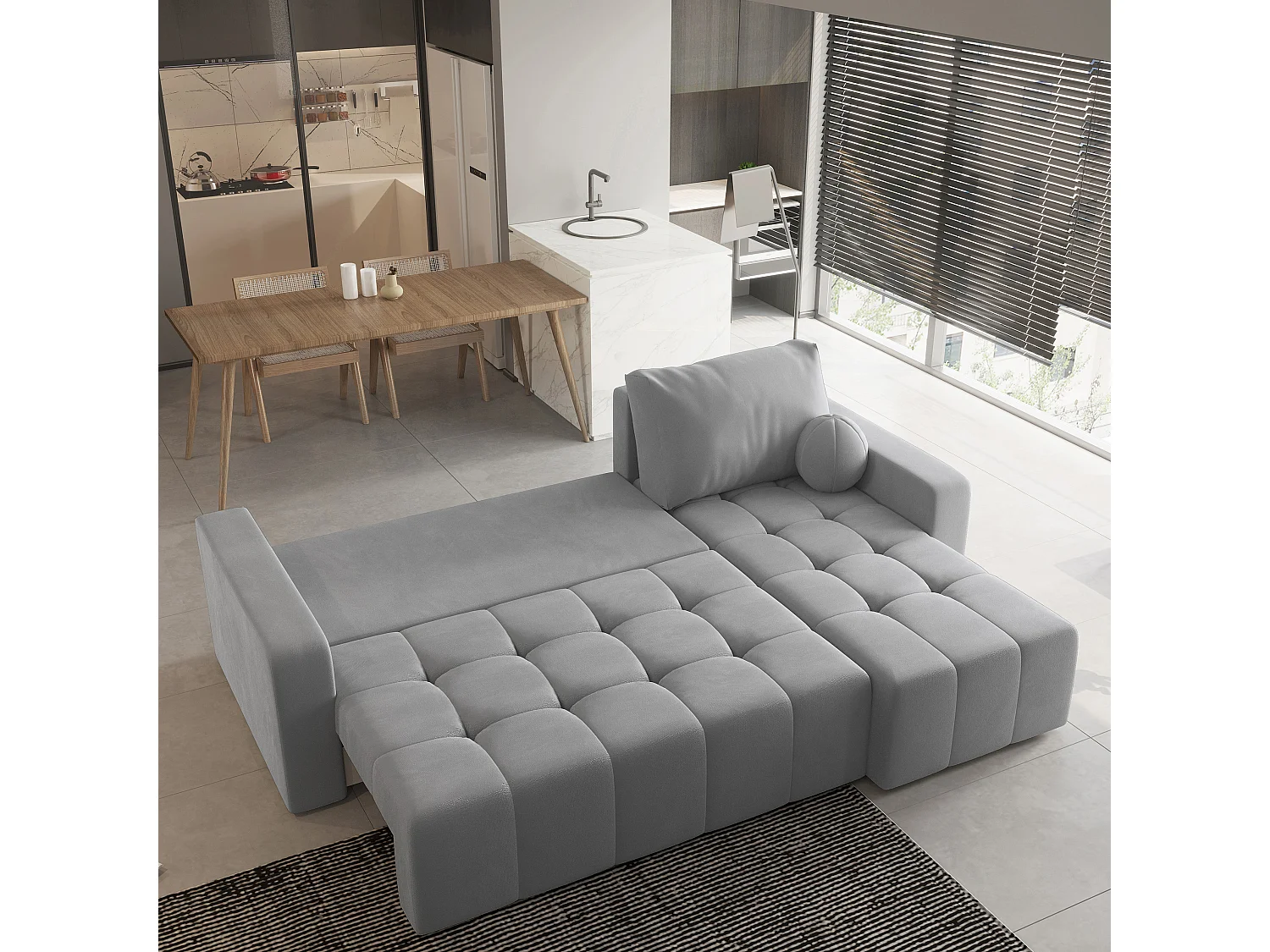 Canapé d'angle VOLIRA Gris clair en peluche avec fonction de couchage