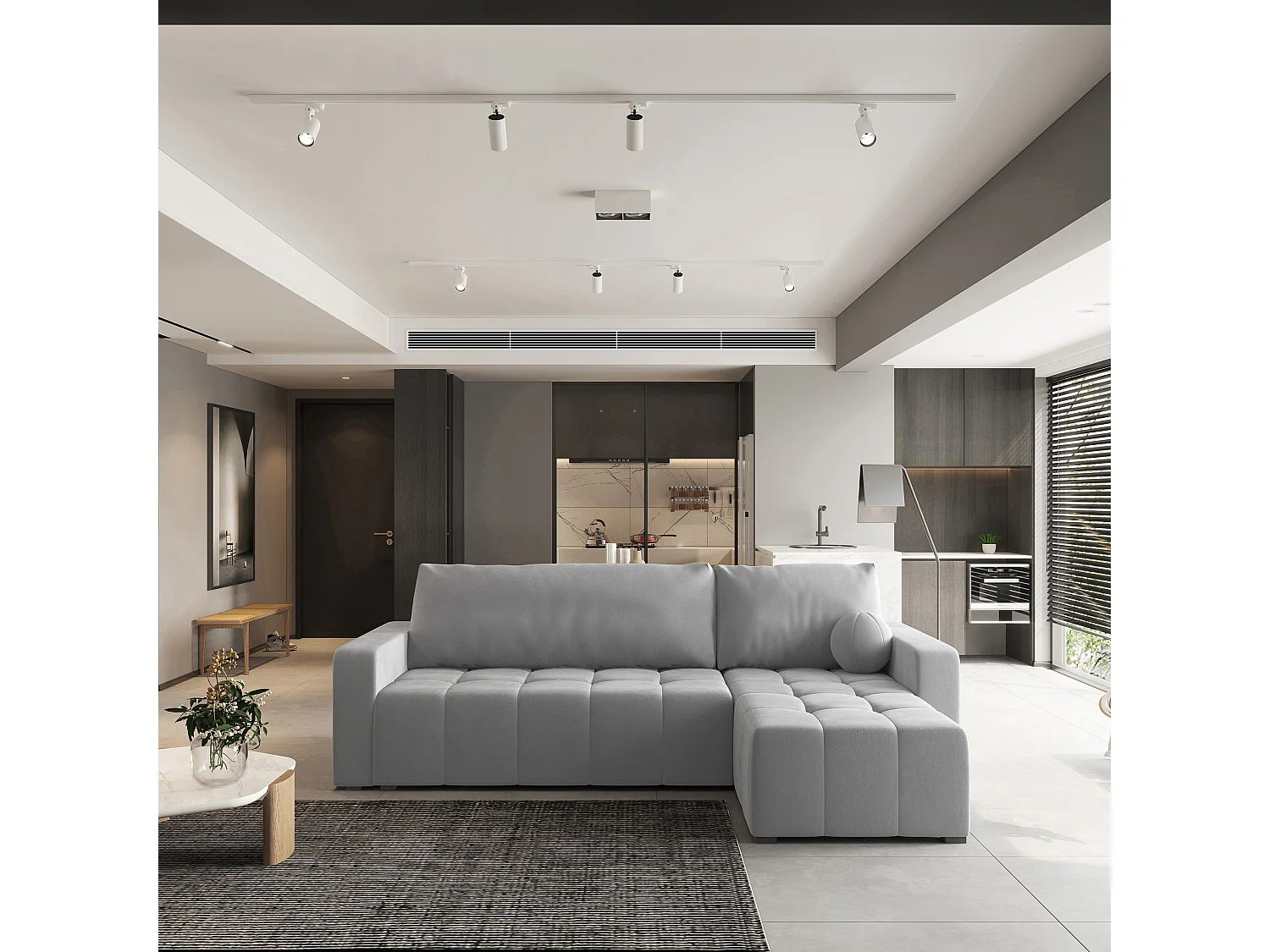 Canapé d'angle VOLIRA Gris clair en peluche avec fonction de couchage