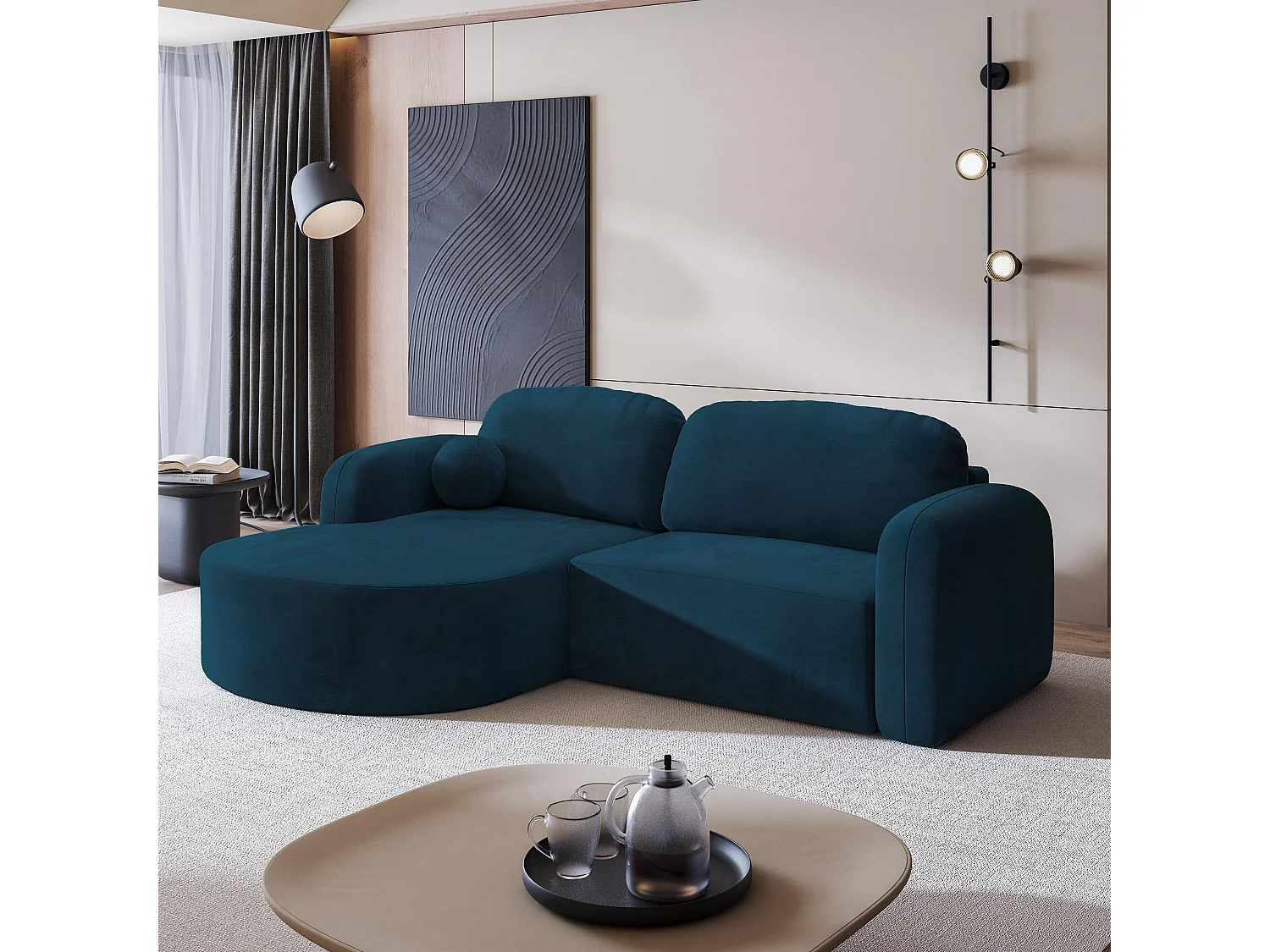 Canapé d'angle AMILIA Bleu en velours avec fonction de couchage