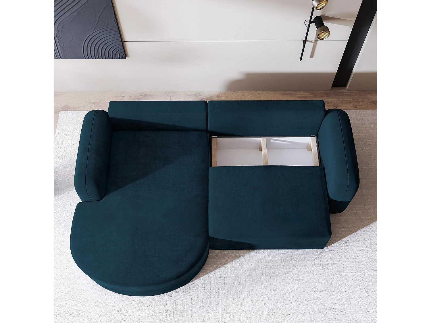 Canapé d'angle AMILIA Bleu en velours avec fonction de couchage