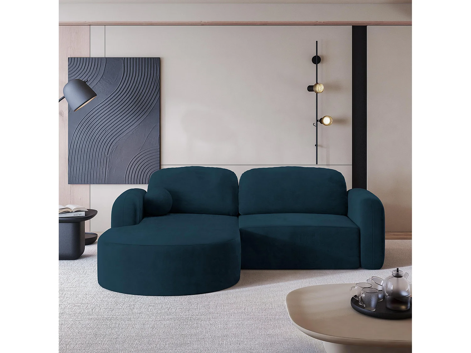 Canapé d'angle AMILIA Bleu en velours avec fonction de couchage