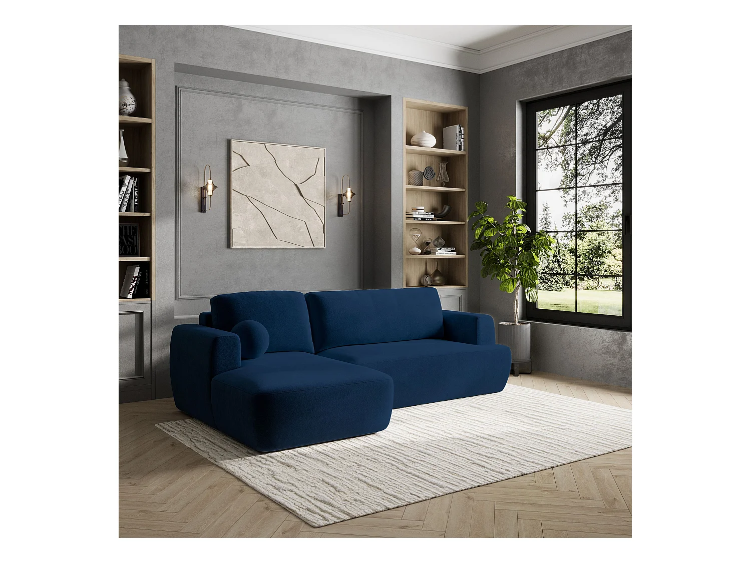 Canapé d'angle SENTI Bleu en peluche avec fonction de couchage