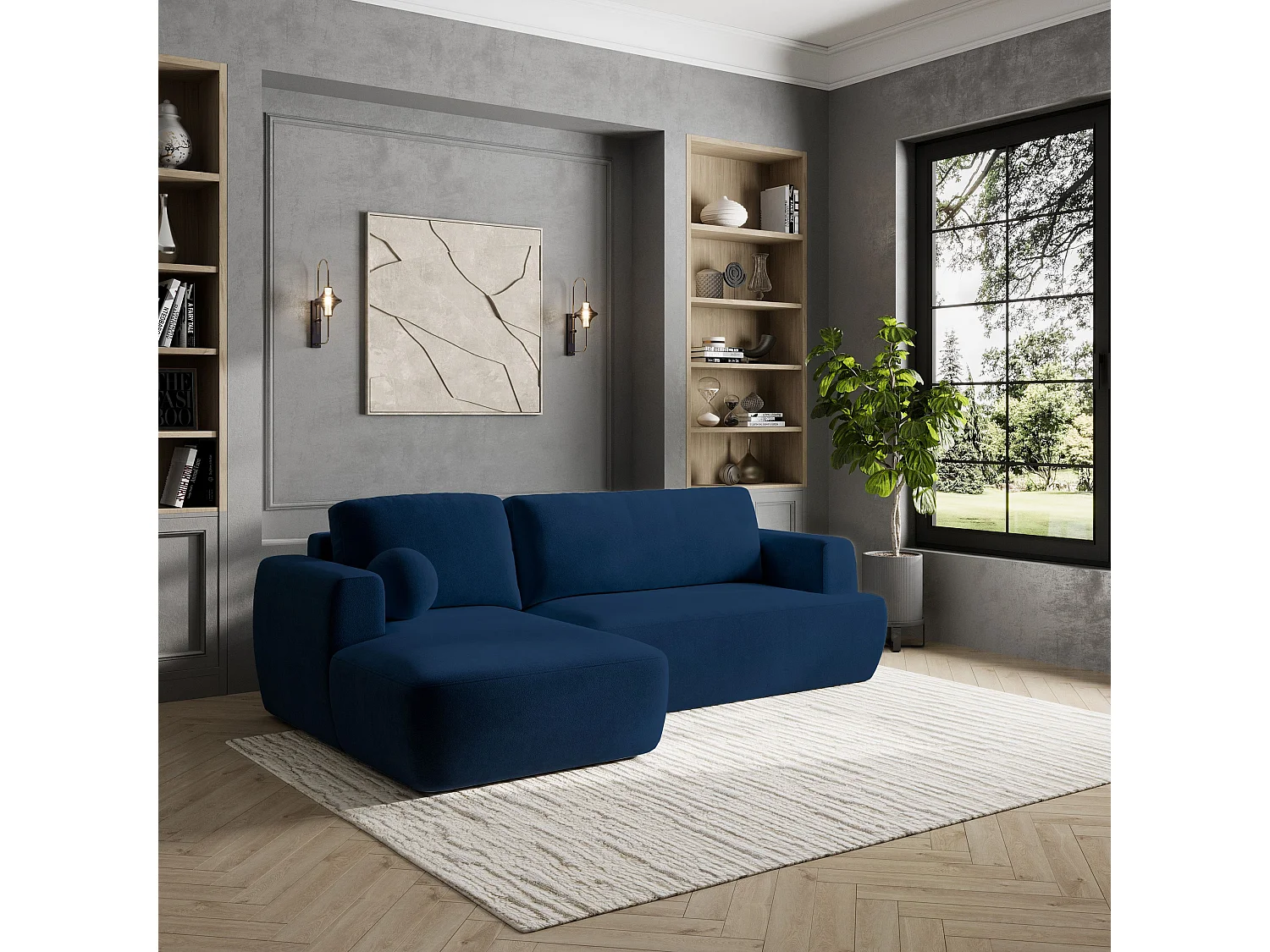 Canapé d'angle SENTI Bleu en peluche avec fonction de couchage