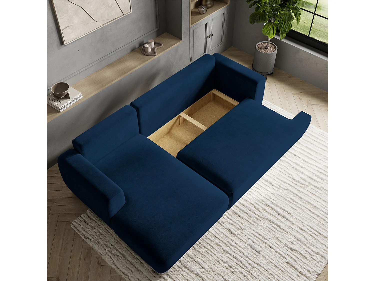 Canapé d'angle SENTI Bleu en peluche avec fonction de couchage
