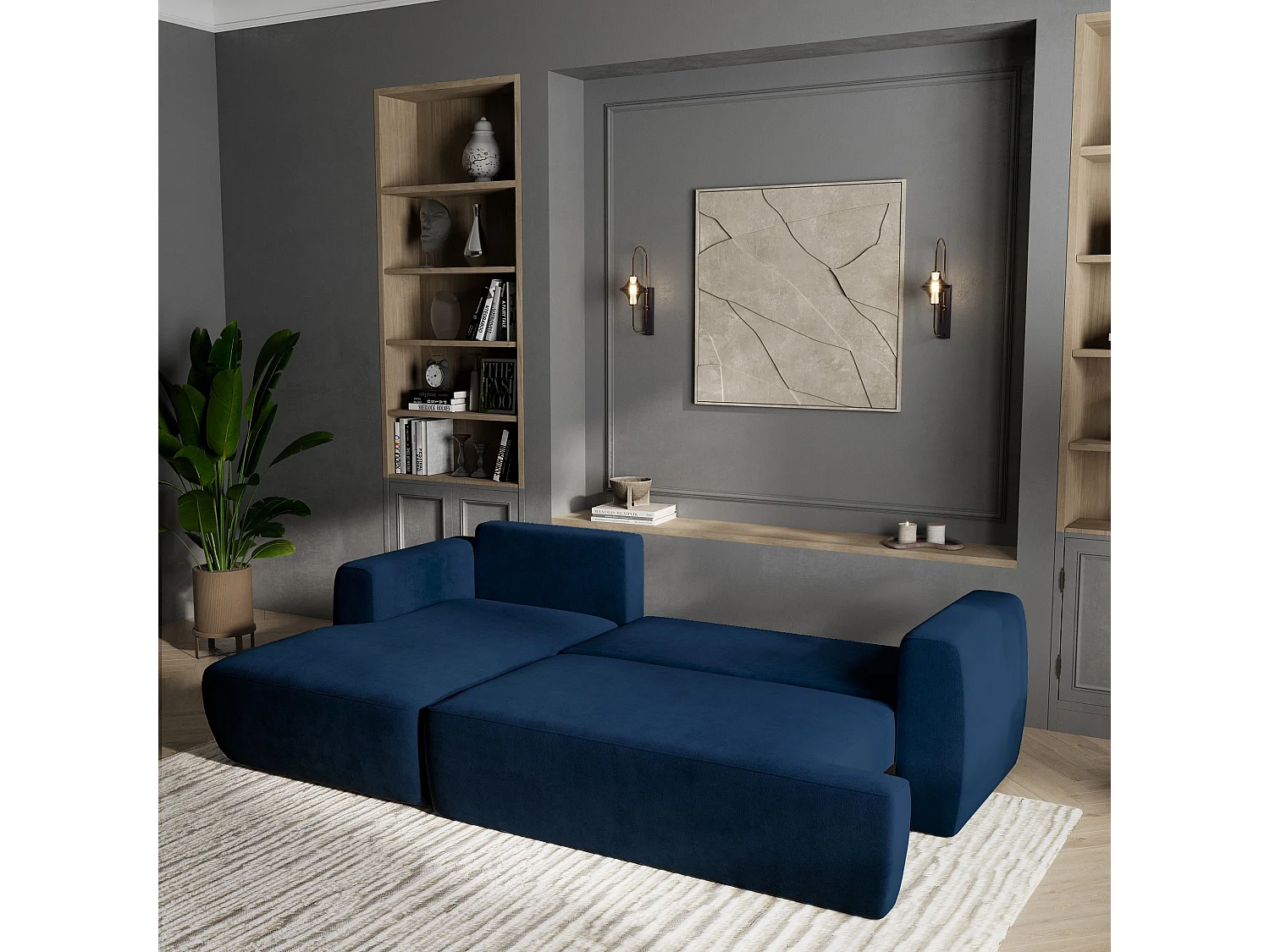 Canapé d'angle SENTI Bleu en peluche avec fonction de couchage